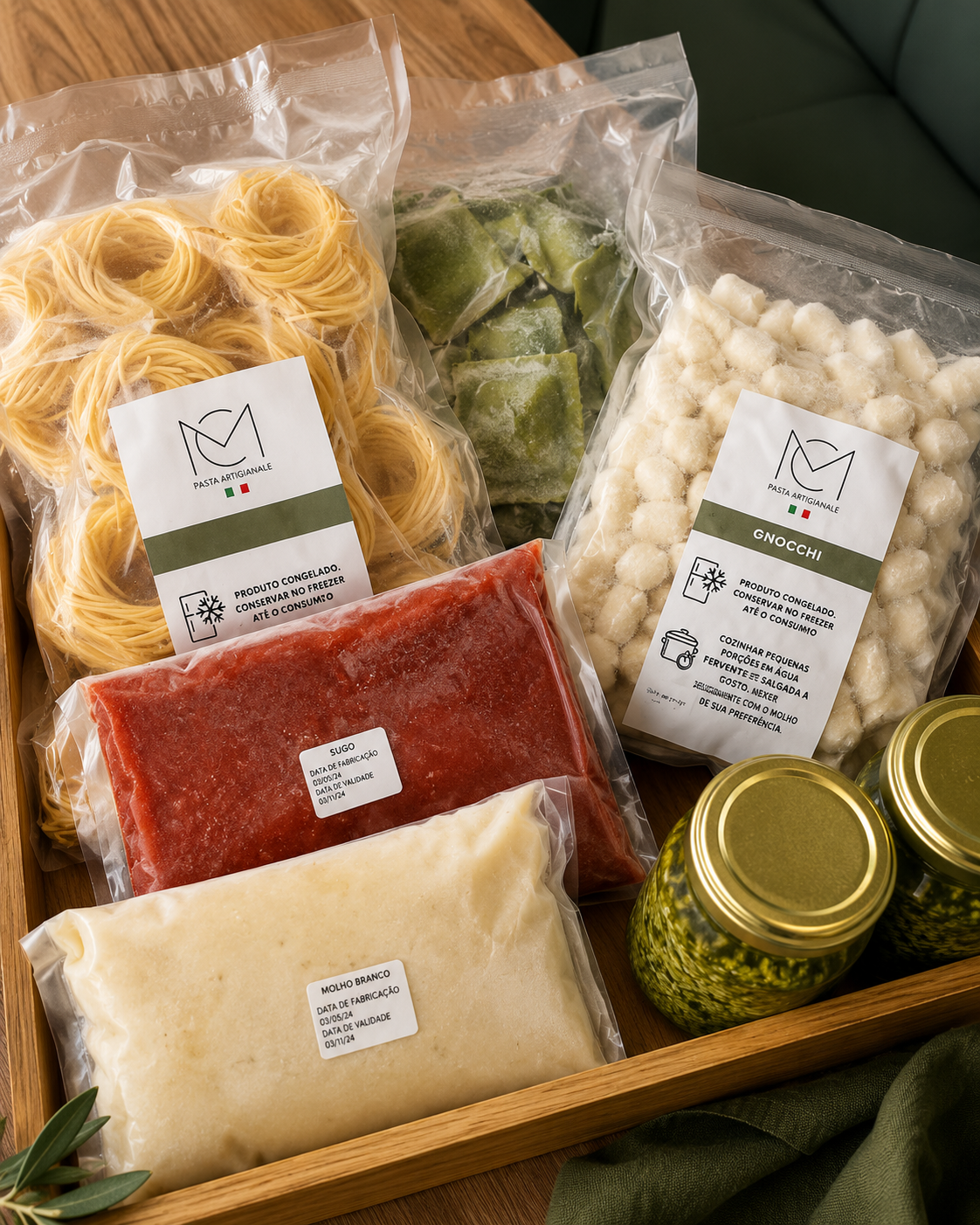 Kit de massas congeladas da Bottega: tagliatelle, ravióli verde, gnocchi, sugo e molho branco